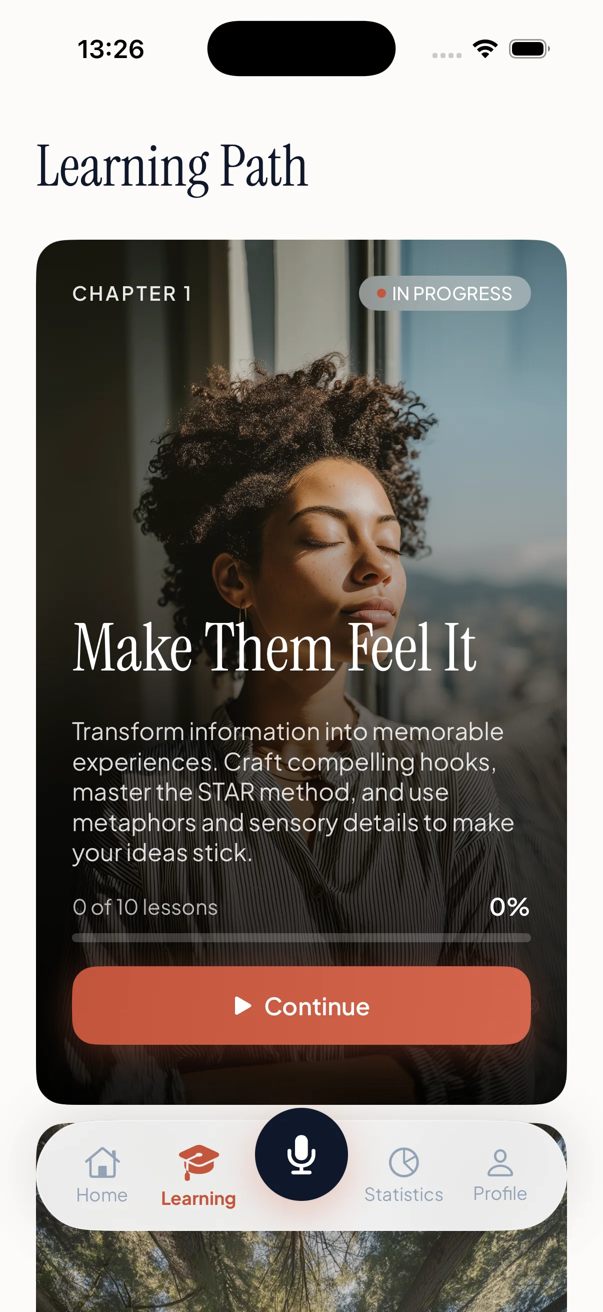 Gravitas learning path screen with chapter-based curriculum and progress tracking.