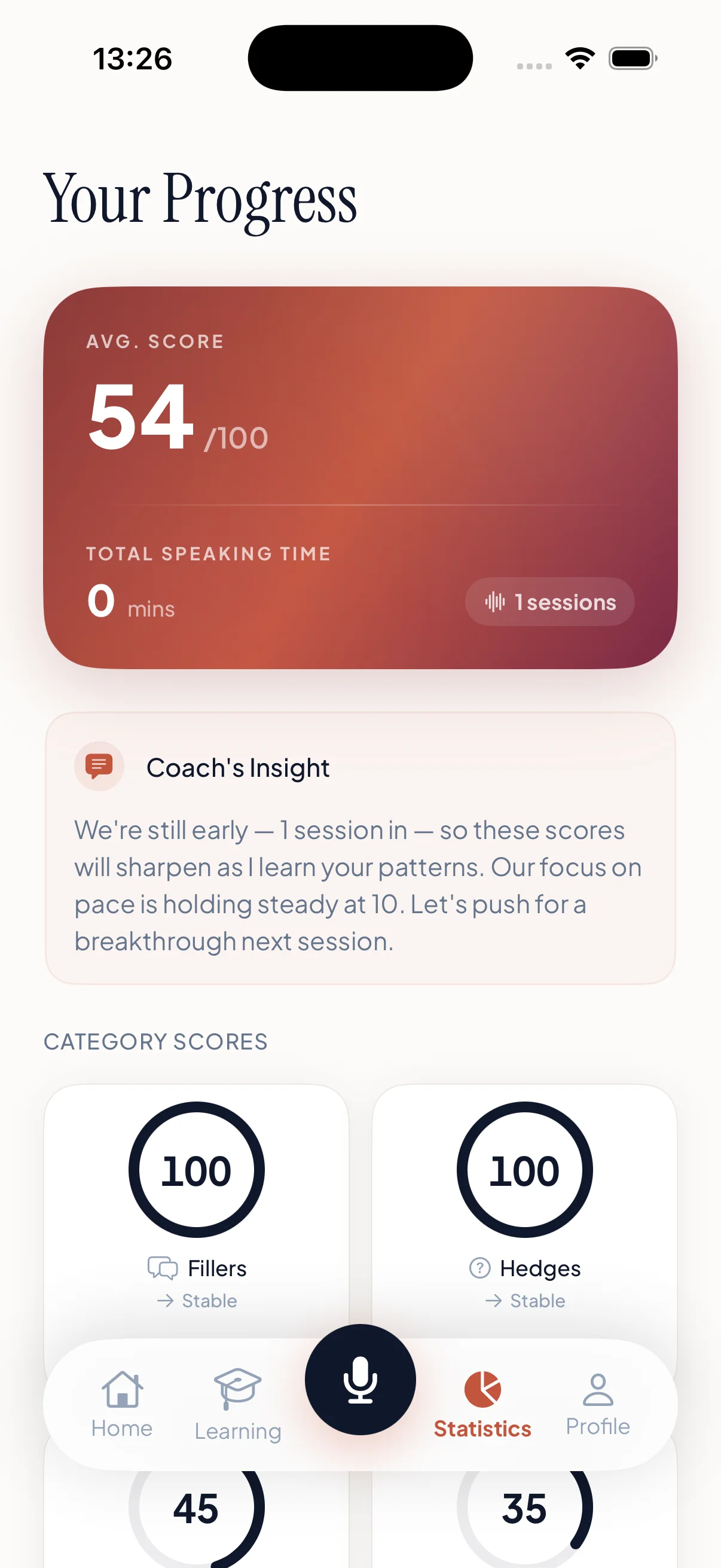 Gravitas progress dashboard showing average score, speaking time, coach insight, and category scores.