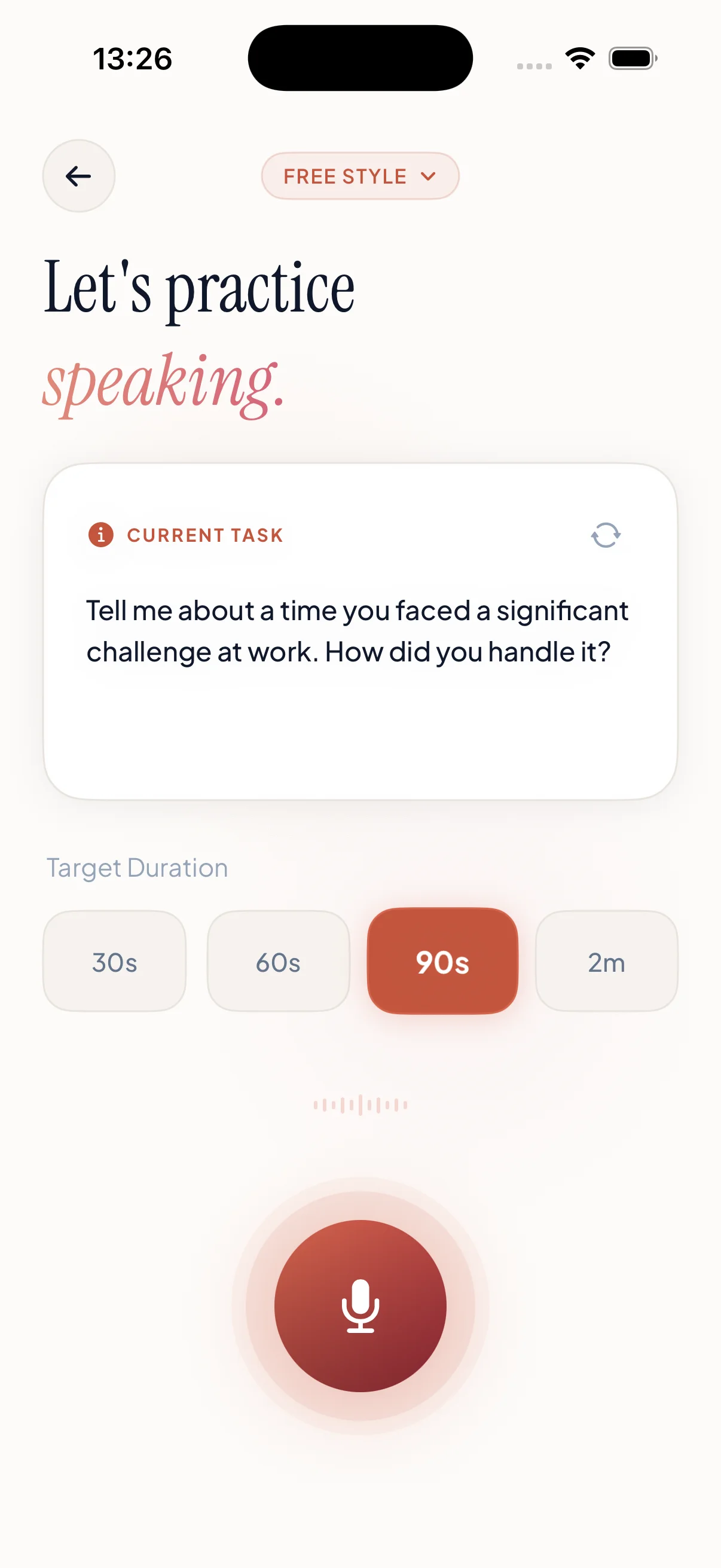 Gravitas free style practice screen with a speaking task, target duration options, and a large microphone button.