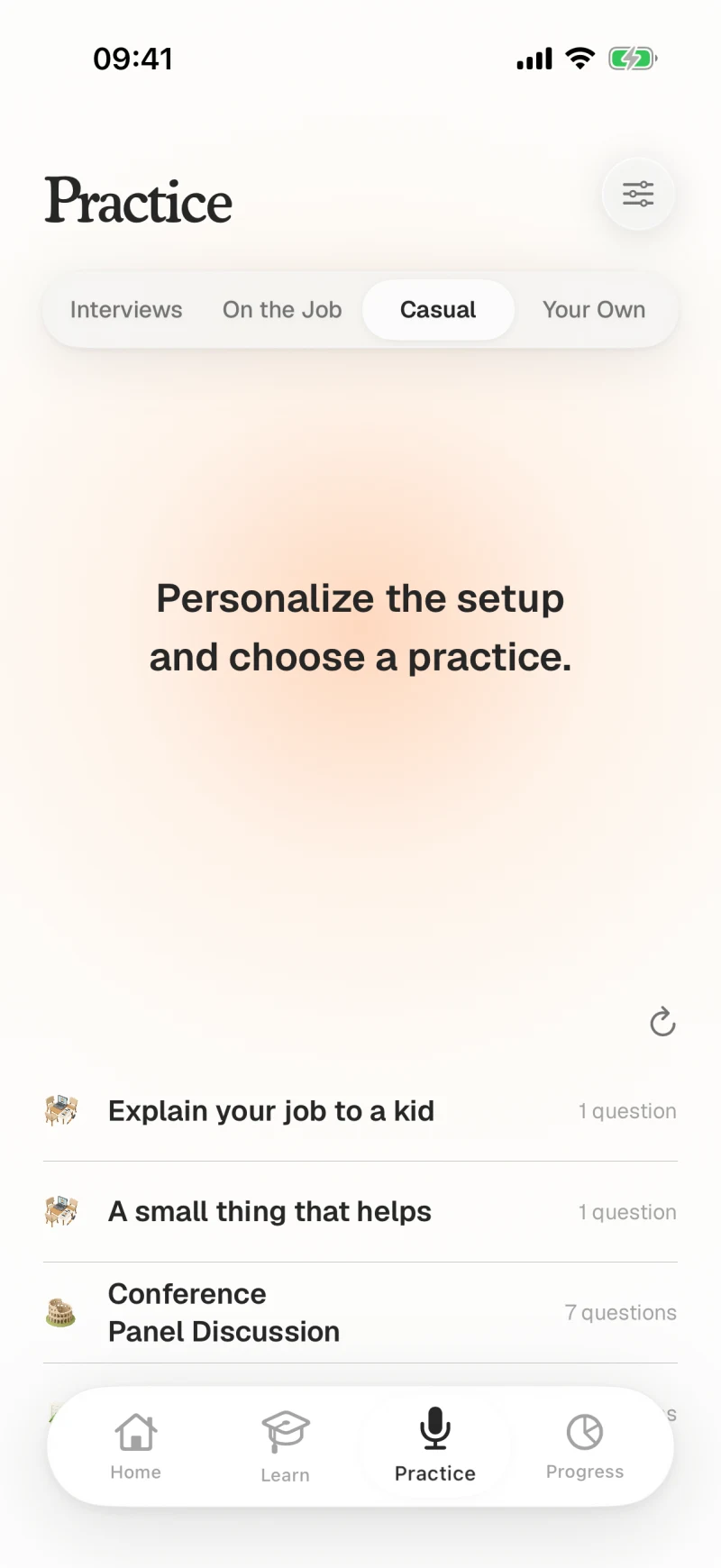 Gravitas practice catalog with tailored speaking scenarios