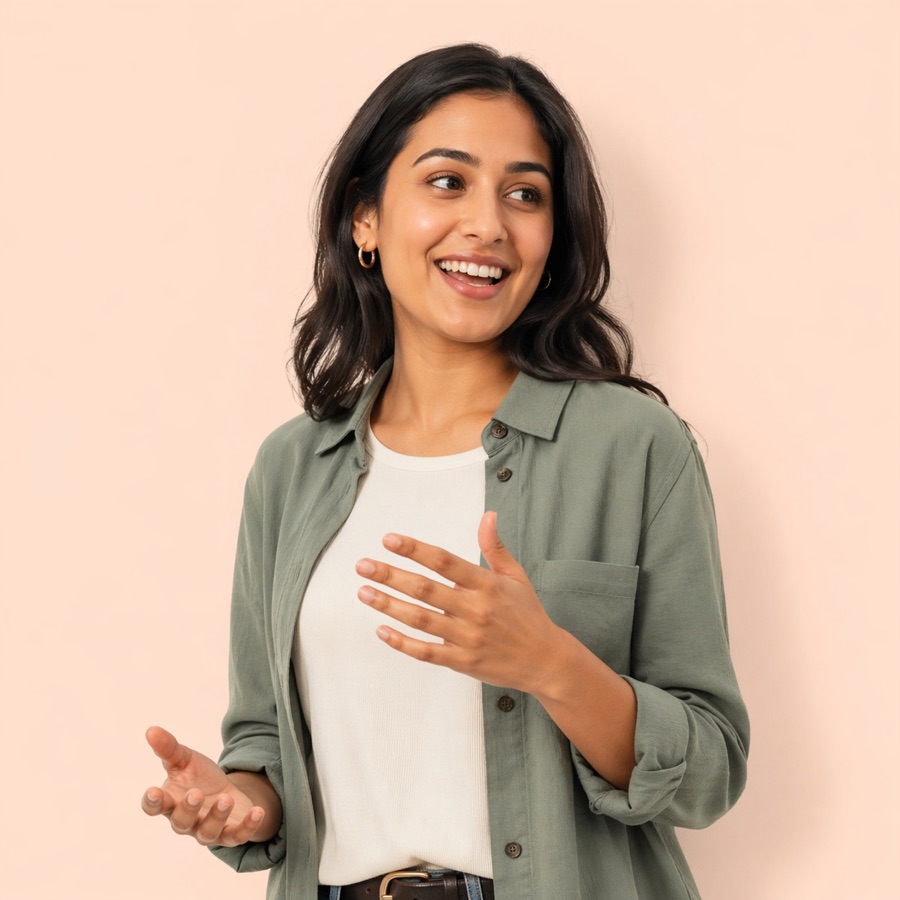 A woman gesturing as she practices